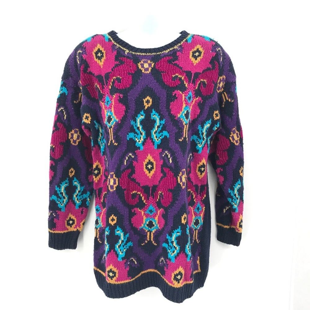 Preferred Classix Vintage Hand Knitted Pullover Sweater Bold Floral Print Gold M